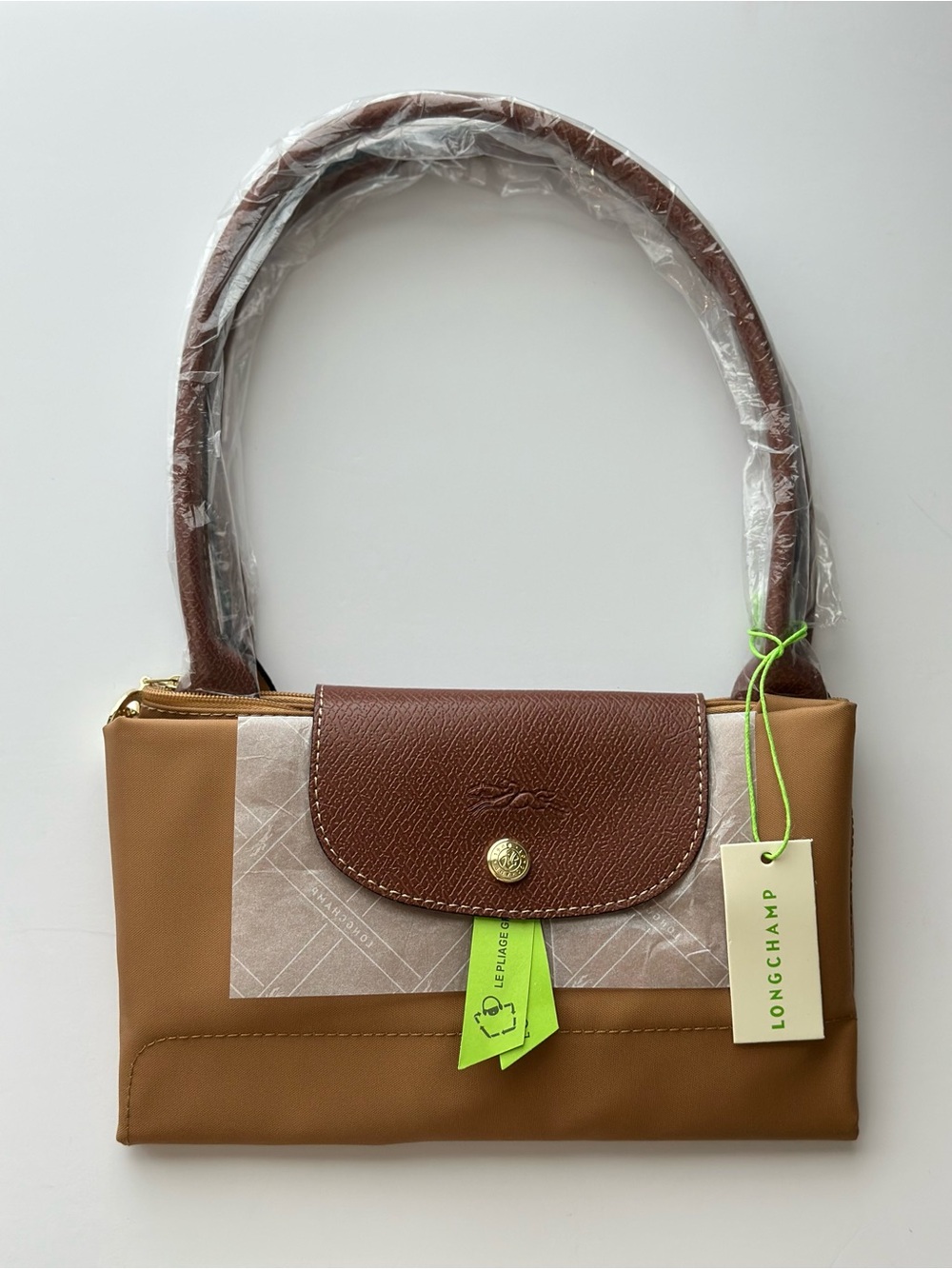 NWT Longchamp Le Pliage Medium Tote Tan Nylon Brown Leather Foldable Handbag